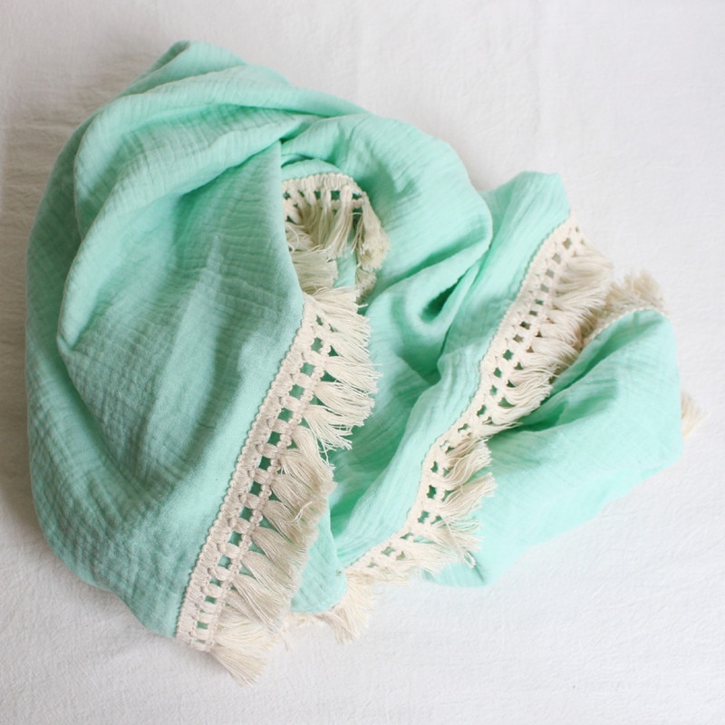 Cotton Muslin Baby Swaddle Blanket with Tassels