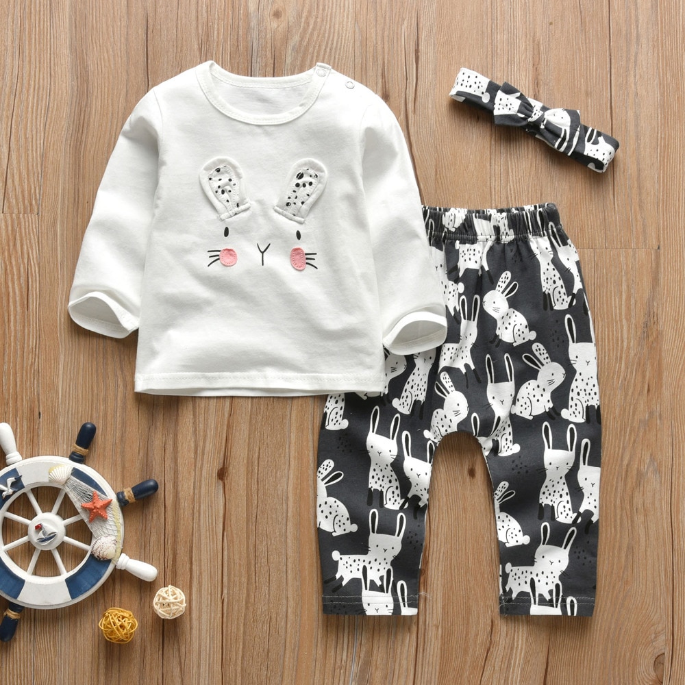 Baby Girl's Printed Sweatshirt, Pants and Headband 3 Pcs Set