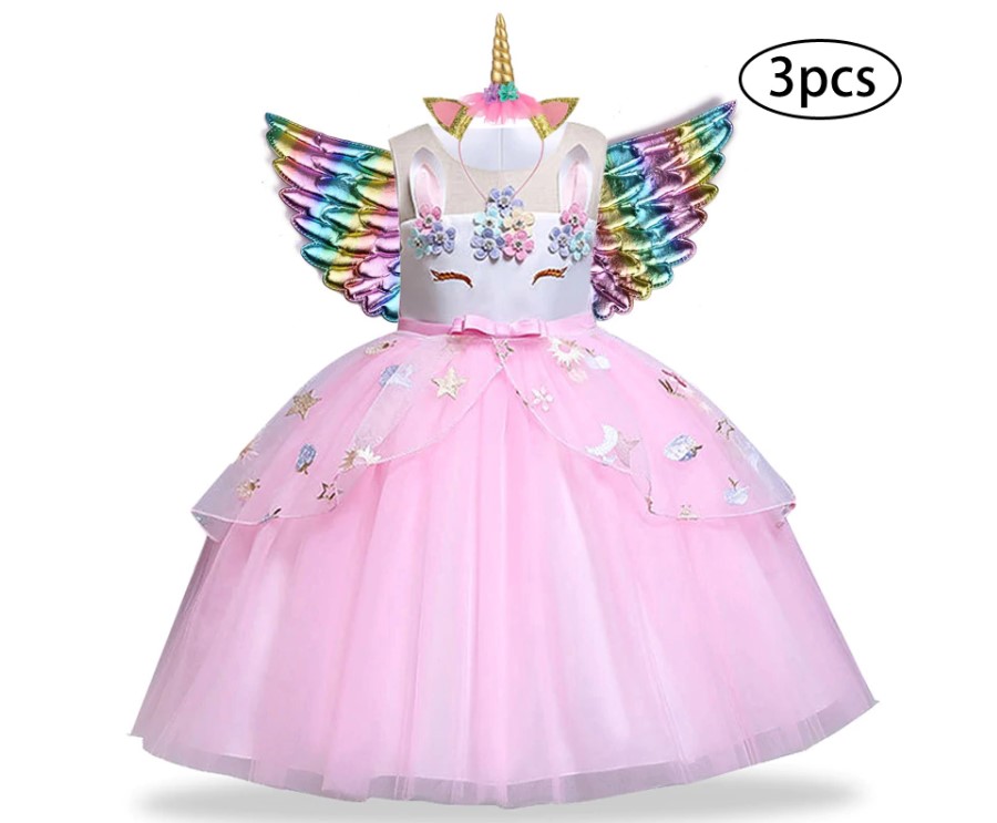 Girl's Unicorn Dress with Headband and Wings 3 Pcs Set